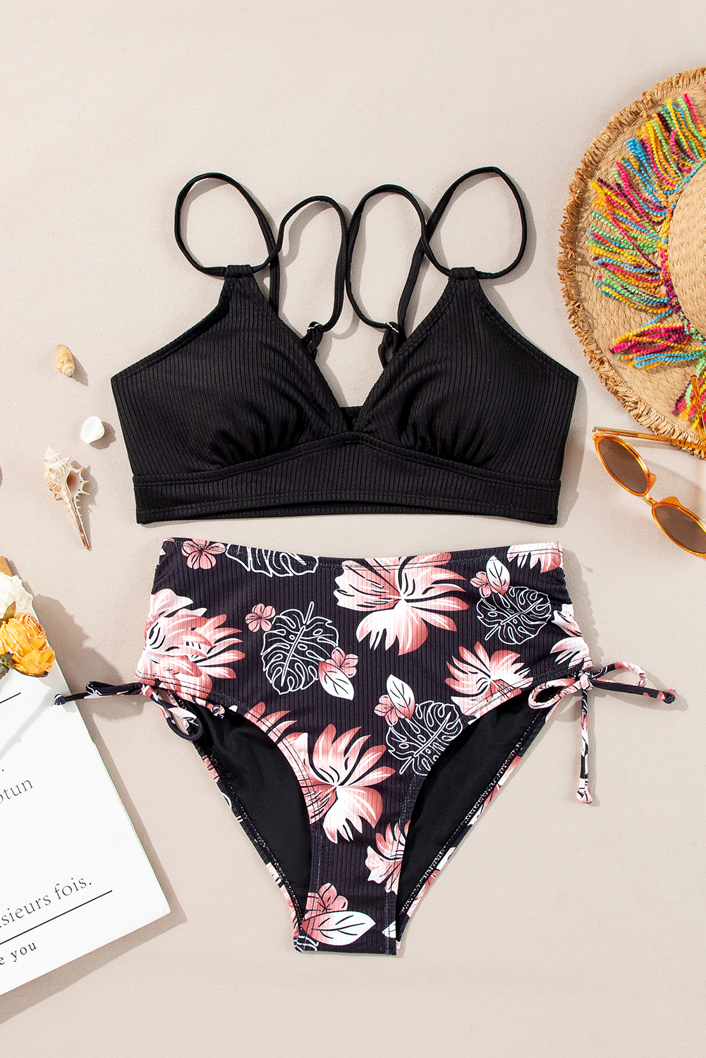 Black Ribbed Knit High Waist 2pcs Bikini Swimsuit - loveforevers