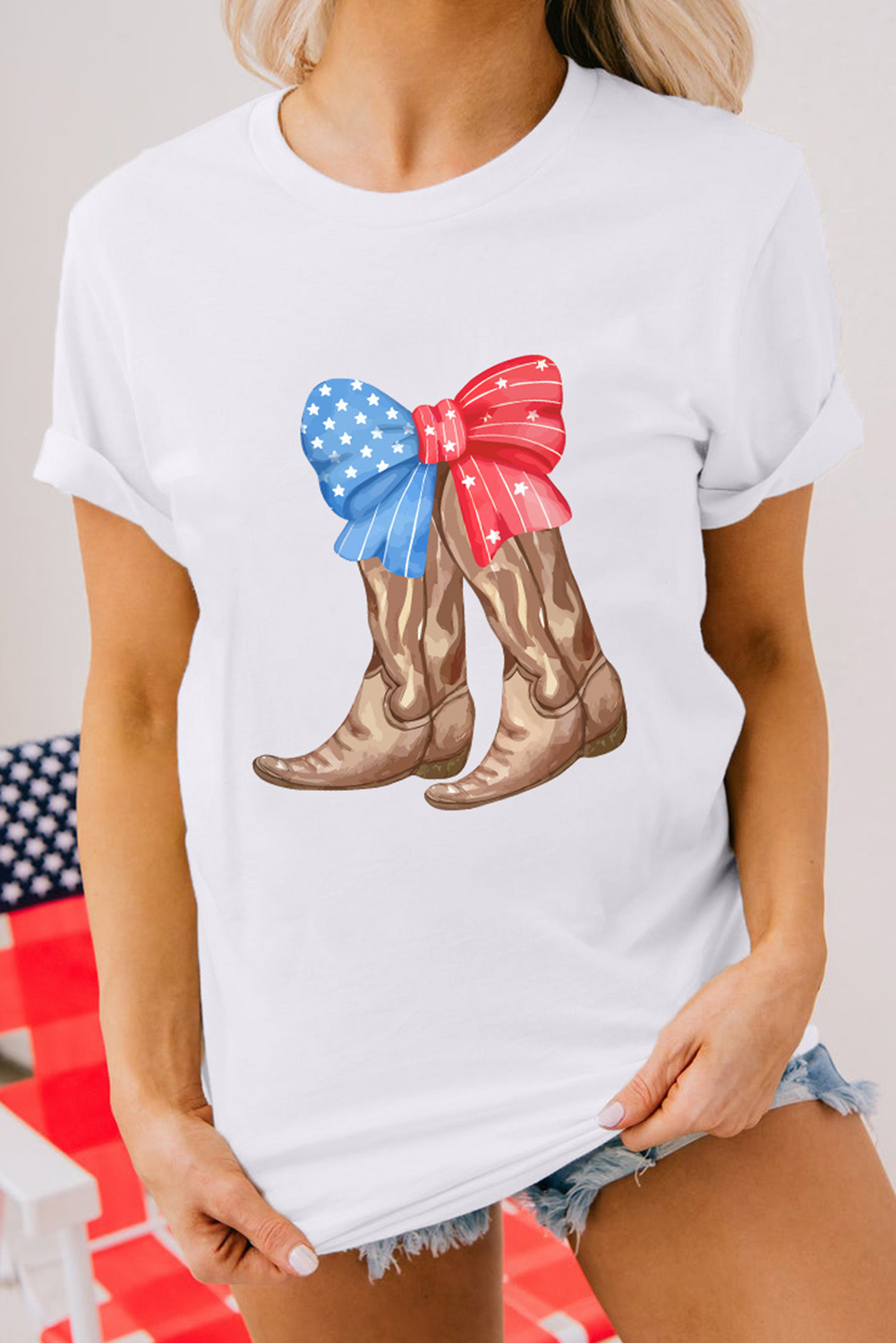 White Patriotic Bow Cowgirl Boots Printed Cotton Blend T Shirt - loveforevers