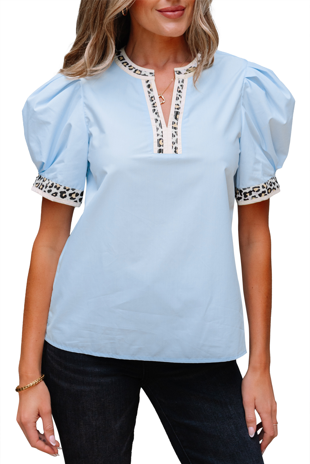 Buckskin Contrast Leopard Trim Split Neck Puff Sleeve Blouse - loveforevers