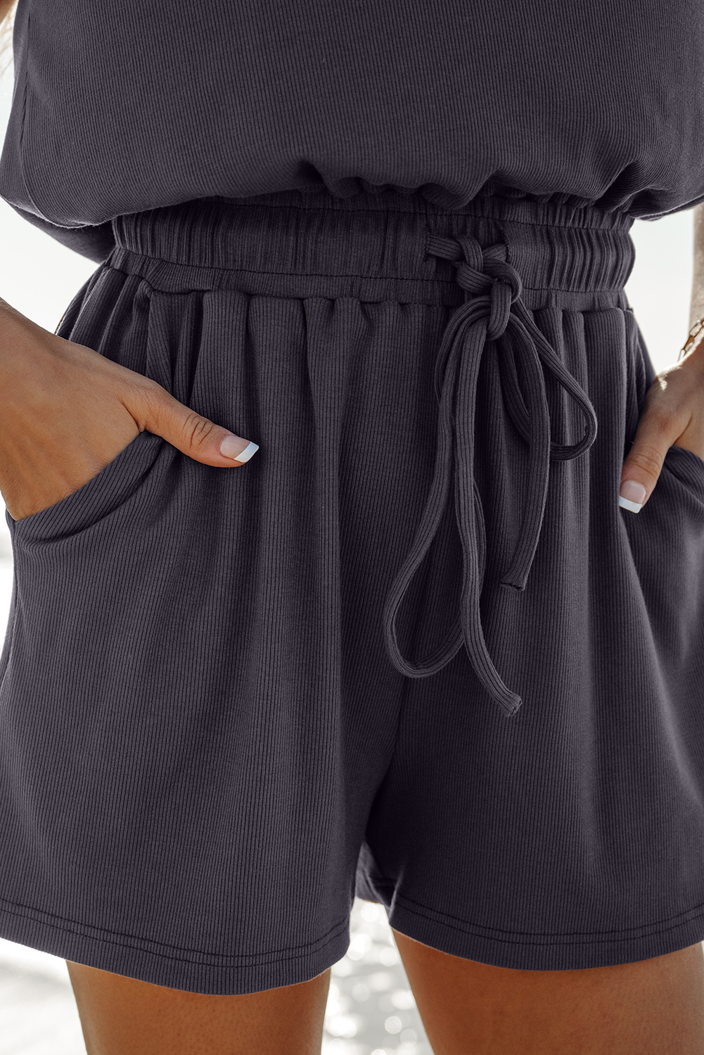 Bristol Black Knit Open Back Cap Sleeve Drawstring Elastic Waistband Romper - loveforevers