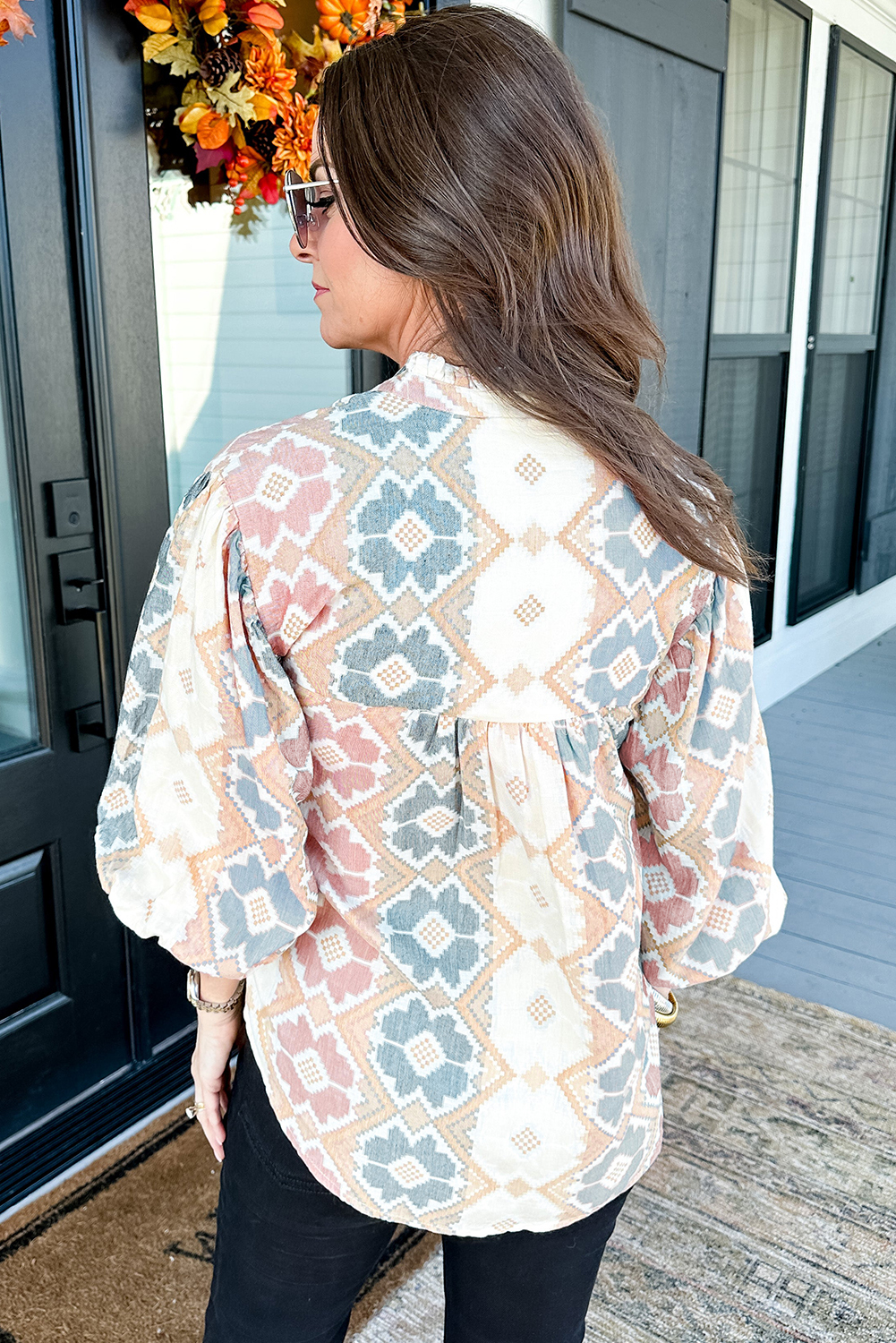 Khaki Geometric Print Tassel Tie Split Neck Balloon Sleeve Blouse - loveforevers