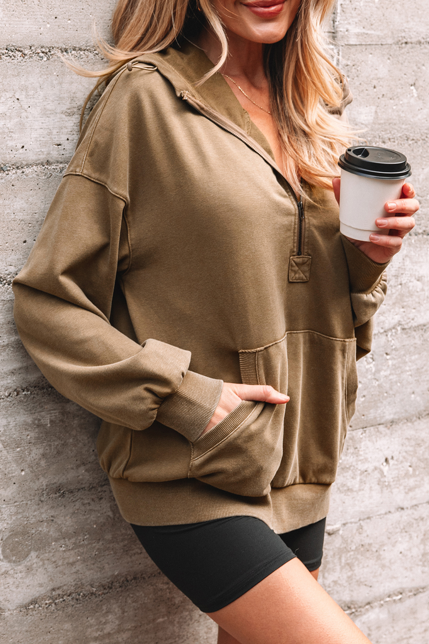 Canton Half Zip Kangaroo Pocket Mineral Wash Baggy Hoodie - loveforevers