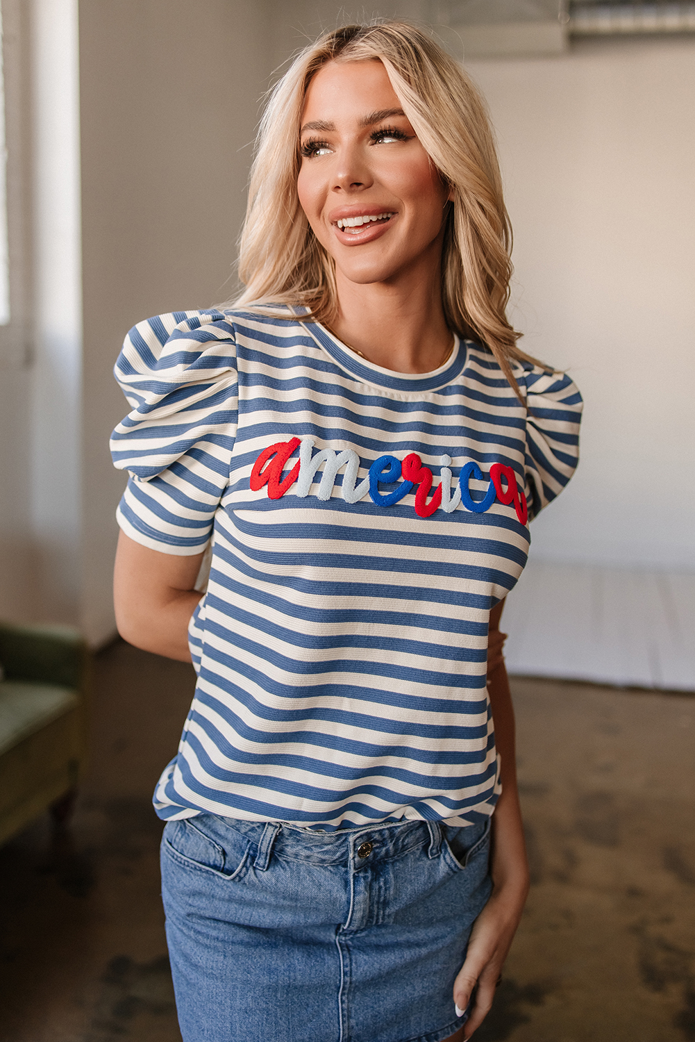 Blue Stripe America Cursive Graphic Puff Sleeve T-shirt - loveforevers