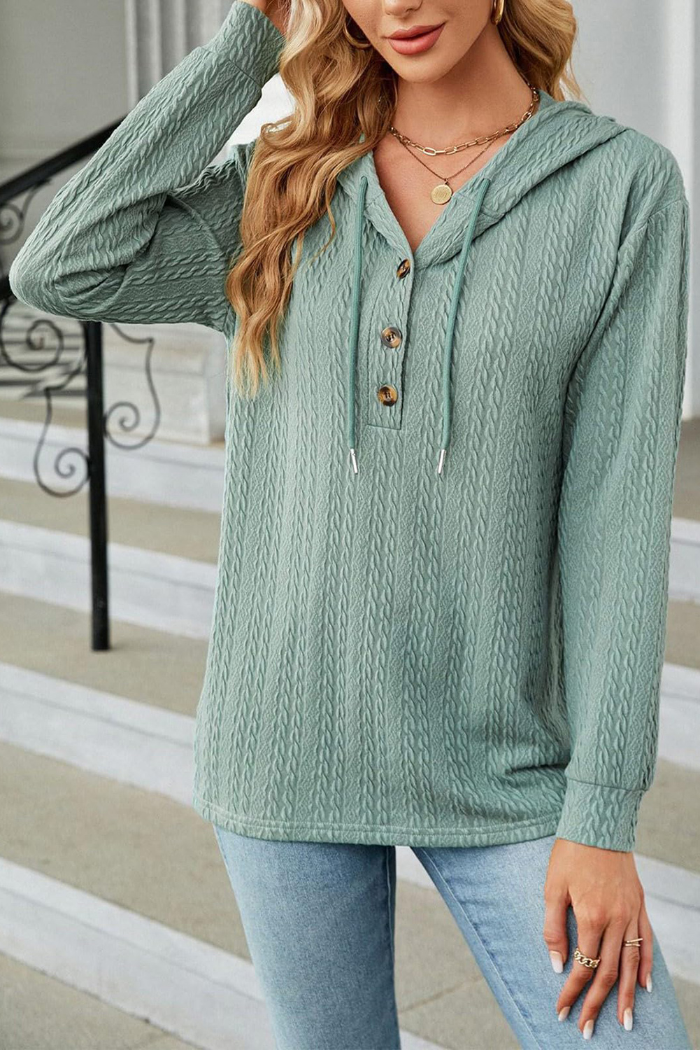 Mint Green Button Front Textured Drawstring Hooded Long Sleeve Top - loveforevers