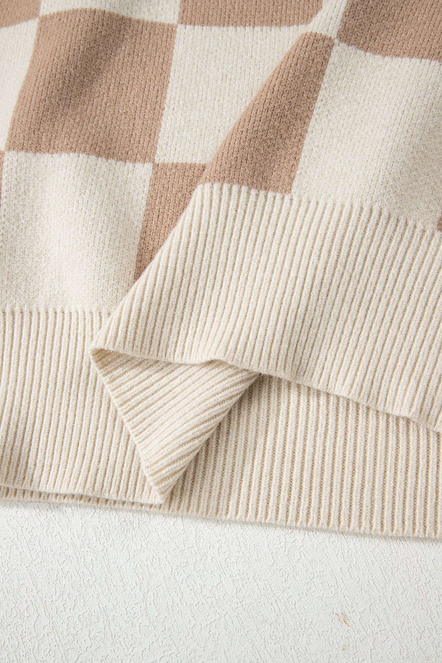 Parchment Checkered Pattern Ribbed Trim Knit Baggy Sweater - loveforevers