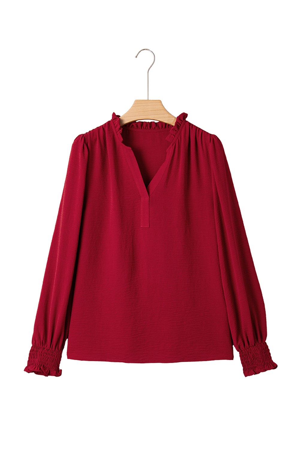 Burgundy Notched Neck Shirred Cuff Long Sleeve Blouse - loveforevers