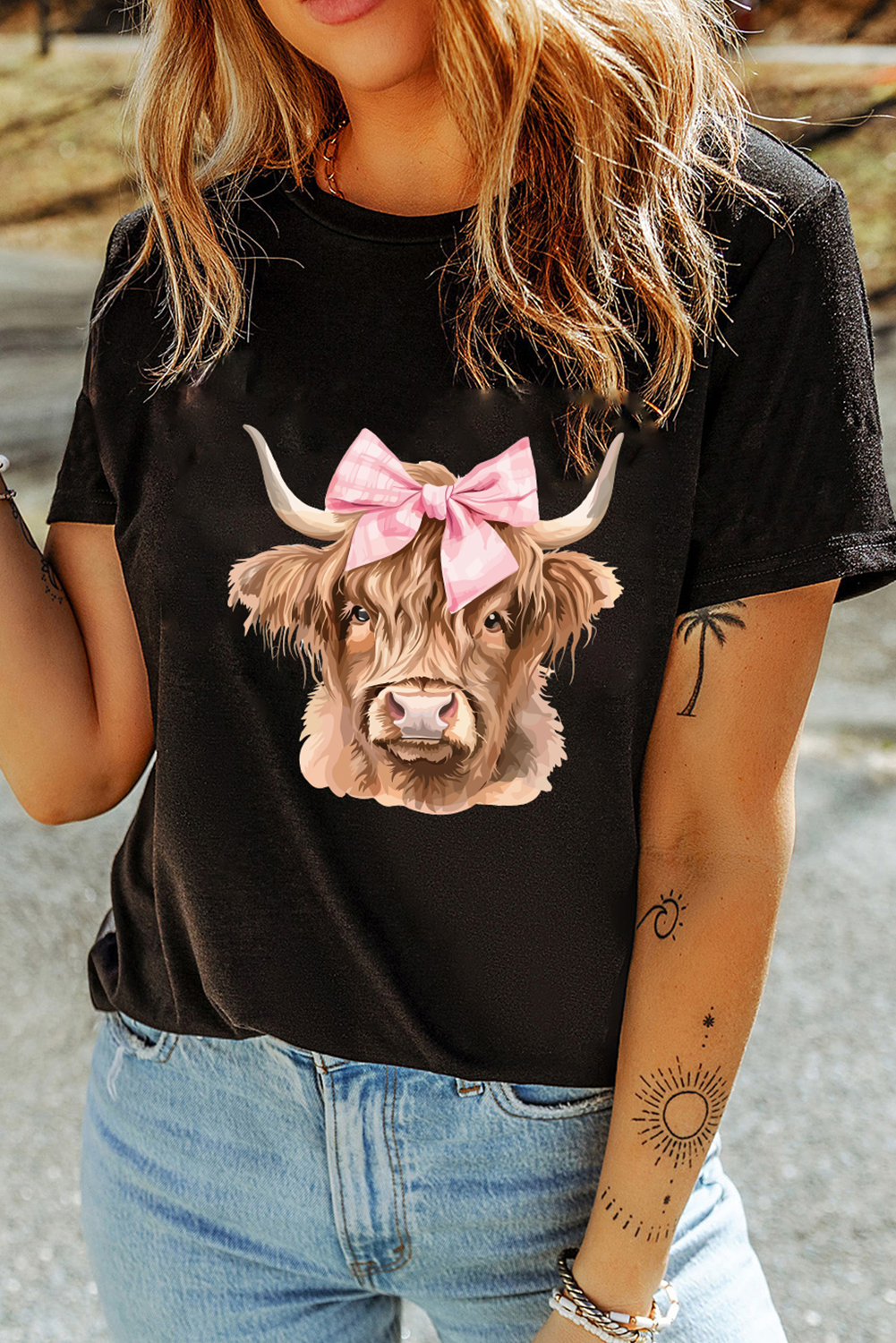 Black Bow Cow Head Graphic Western Fashion T Shirt - loveforevers