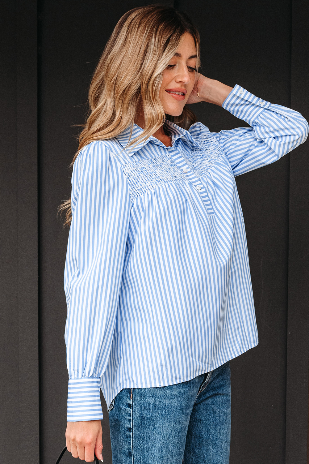Sky Blue Stripe Shirred Detail Half Placket Collared Long Sleeve Fall Shirt - loveforevers