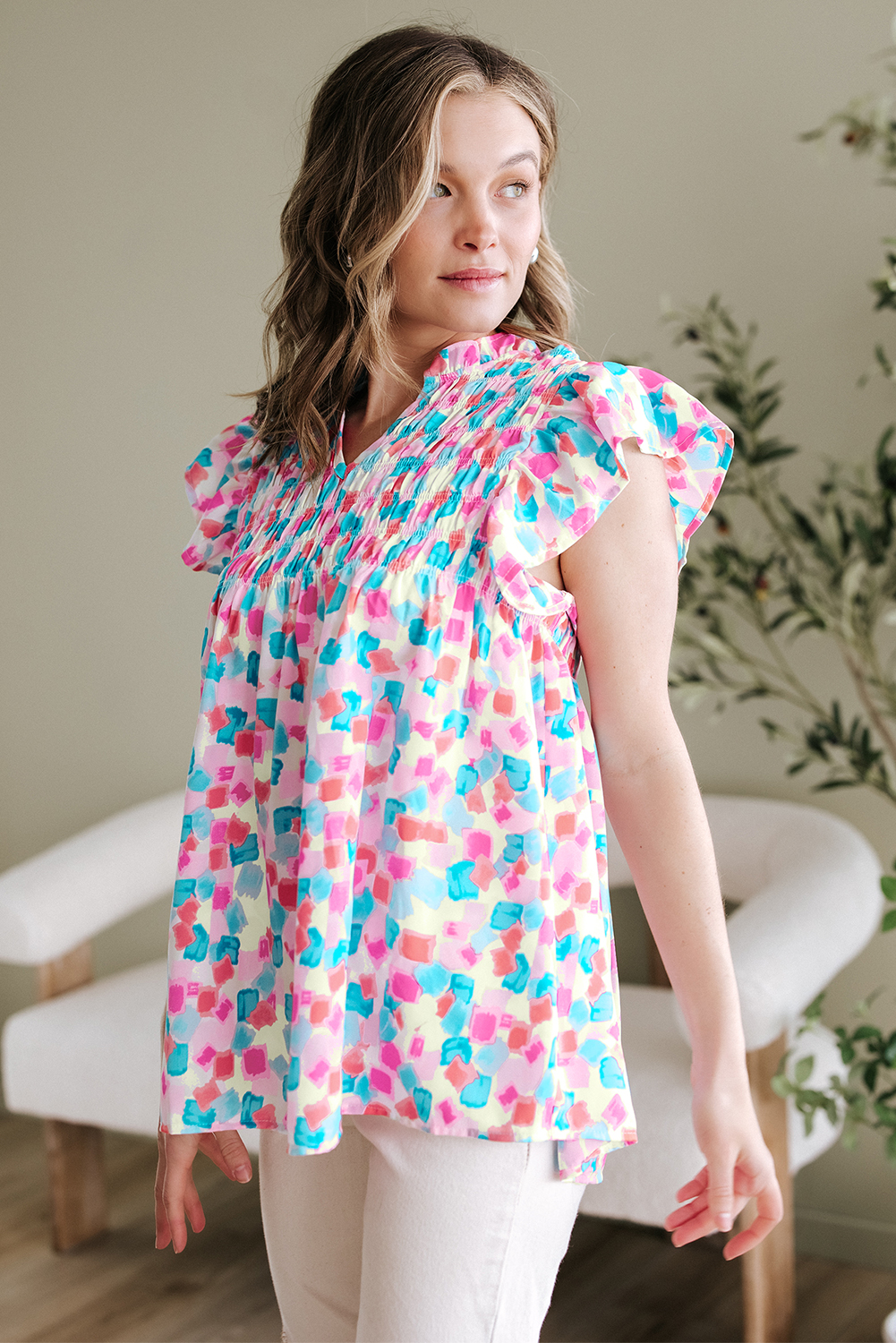 Sky Blue Shirred Yoke Ruffled Abstract Printed Blouse - loveforevers