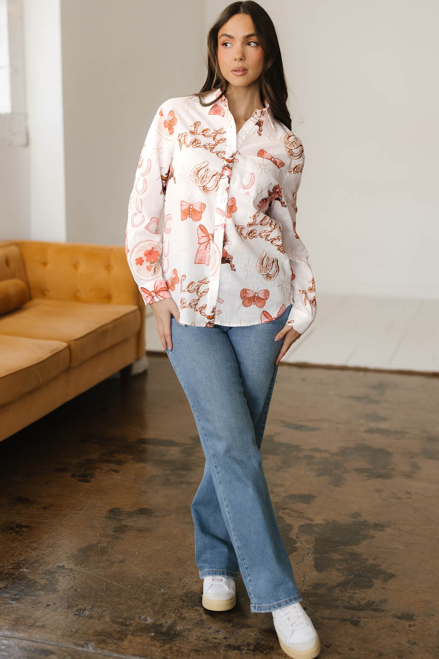 White Rodeo Cowgirl Print Western Button up Shirt - loveforevers