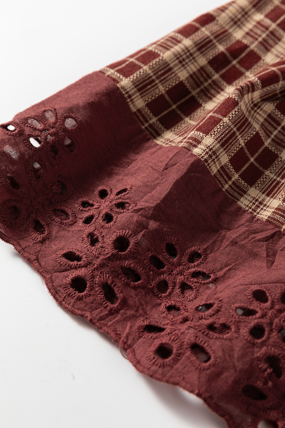 Red Dahlia Plaid Eyelet Lace Trim Button Down Loose Long Sleeve Shirt - loveforevers