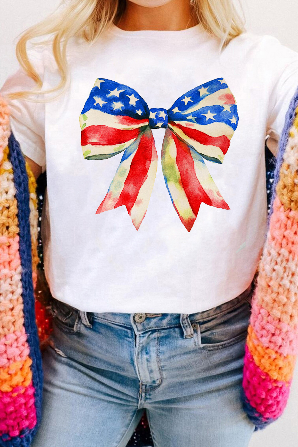 White Independence Day Splash Bow Pattern T Shirt - loveforevers