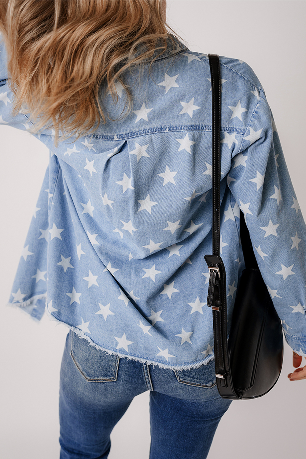 Sky Blue Star Print Light Wash Raw Hem Denim Jacket - loveforevers