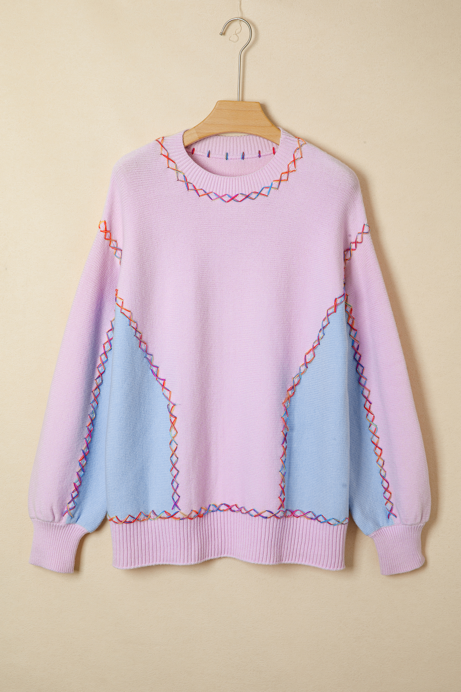 White Rainbow Stitching Balloon Sleeve Relaxed Sweater - loveforevers
