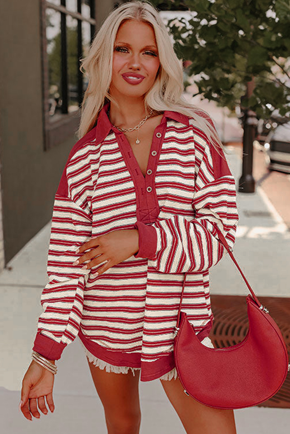 Red Stripe Buttoned V Neck Collared Drop Shoulder Top - loveforevers