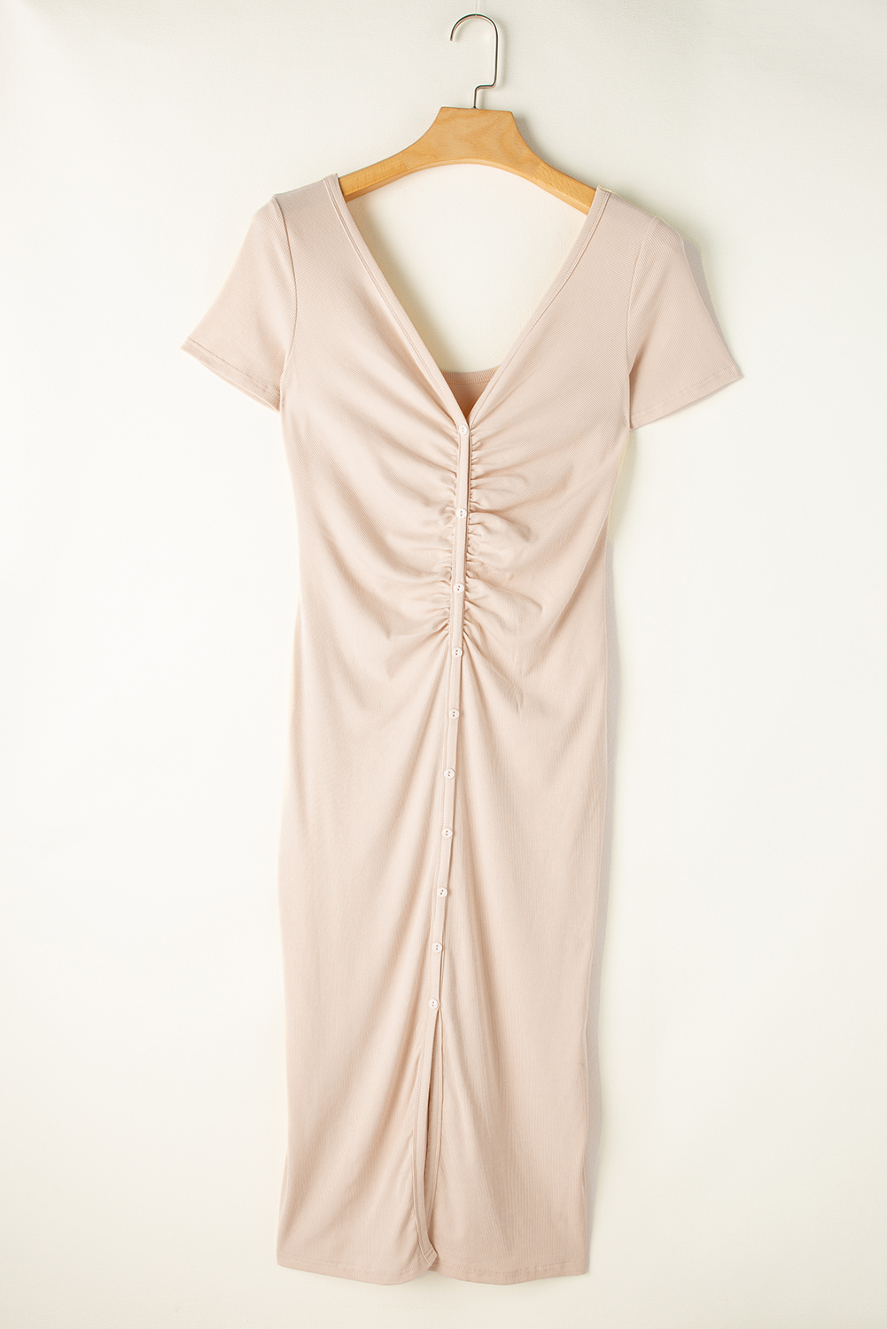 Beige V Neck Ruched Button Front French T-shirt Dress - loveforevers