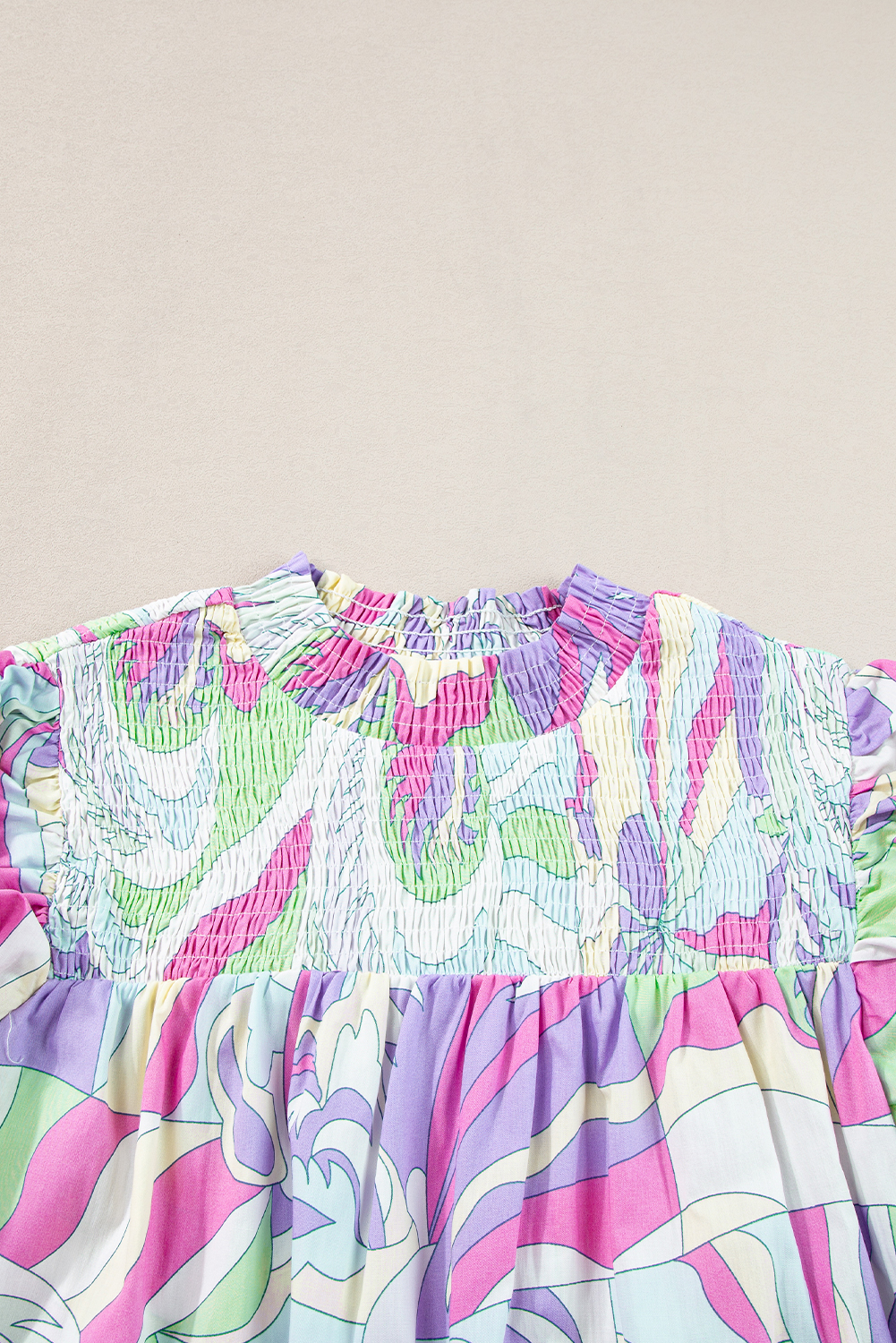 Green Abstract Print Bubble Sleeve Smock Detail Blouse - loveforevers