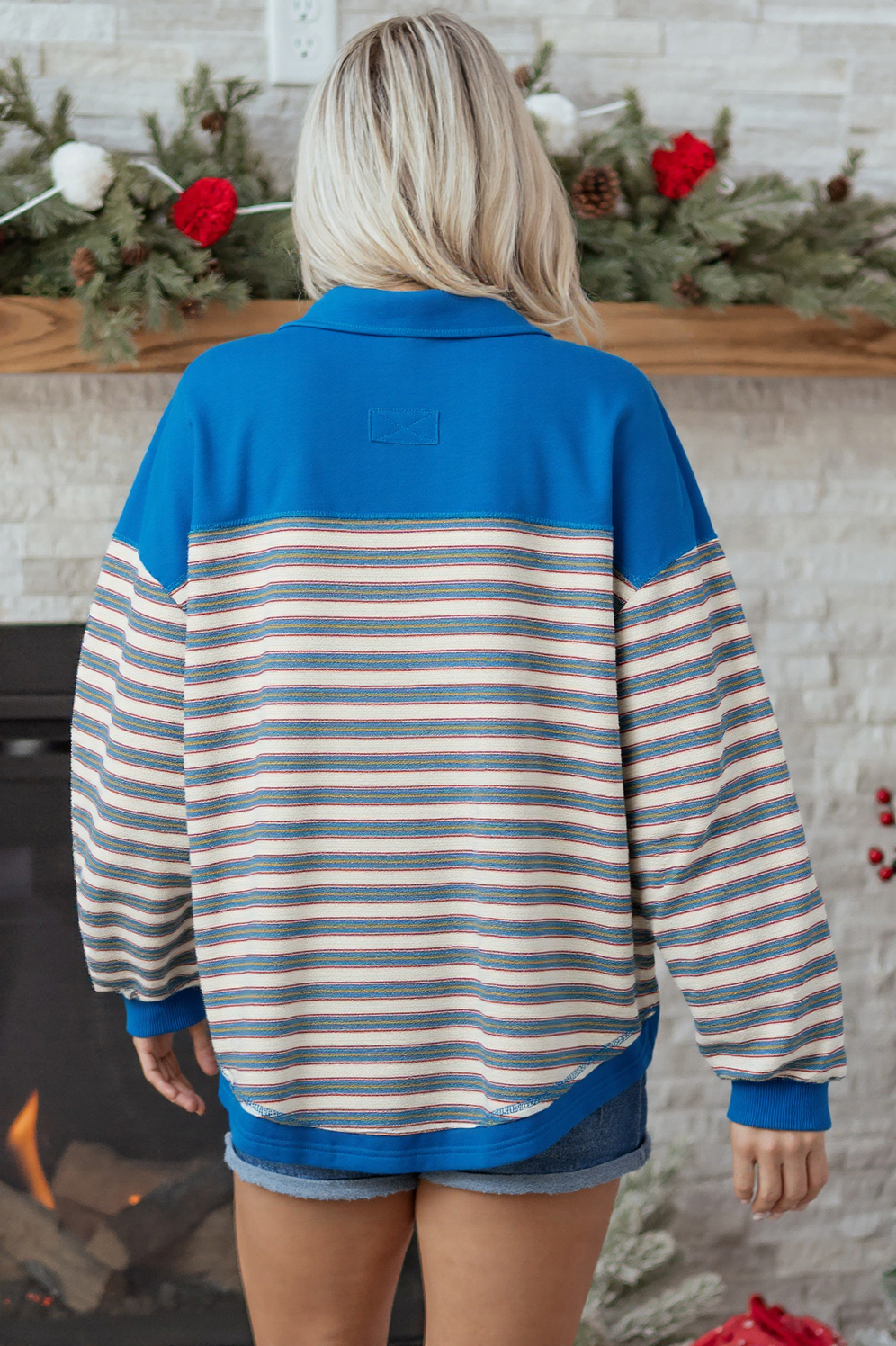 Red Stripe Buttoned V Neck Collared Drop Shoulder Top - loveforevers
