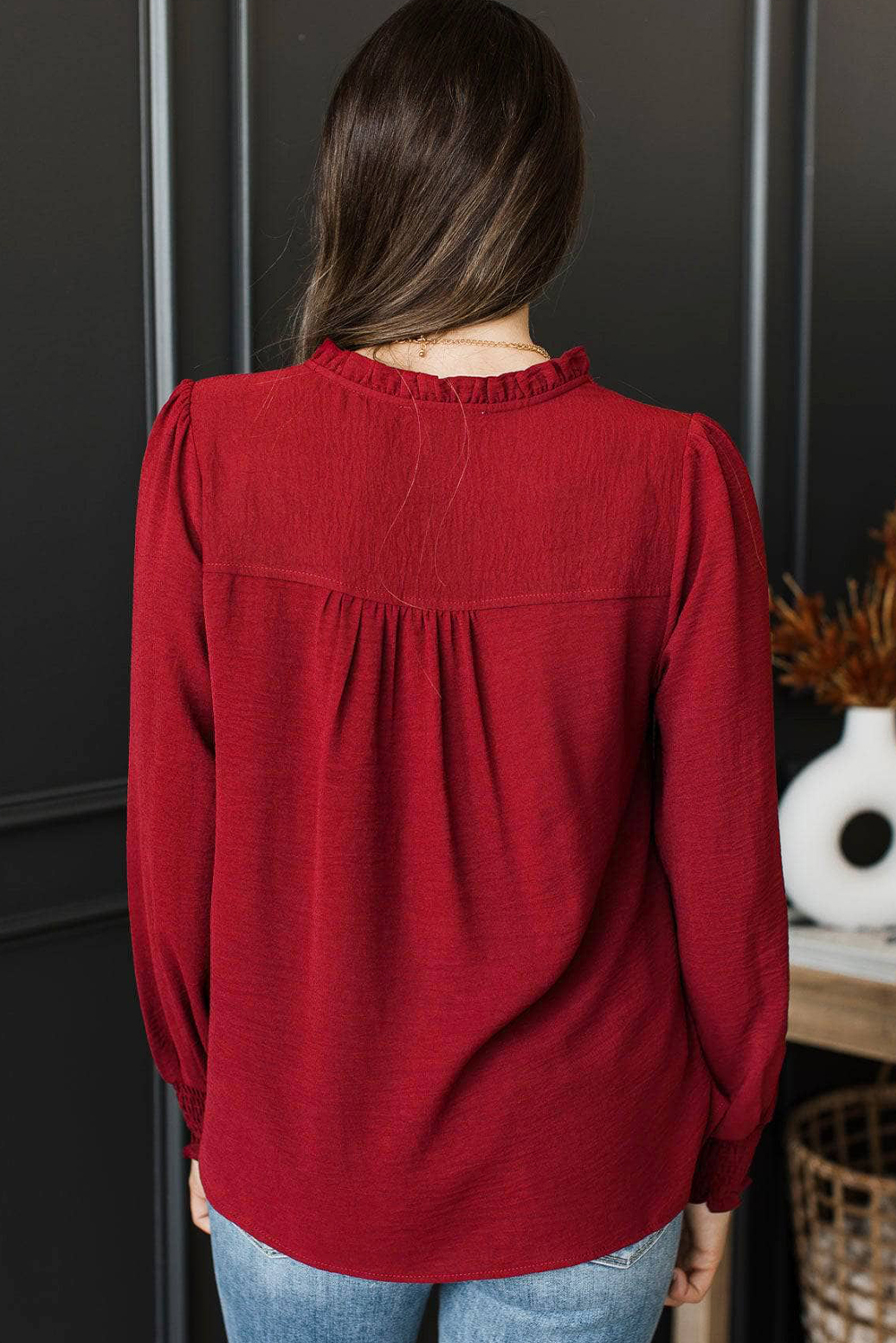 Burgundy Notched Neck Shirred Cuff Long Sleeve Blouse - loveforevers