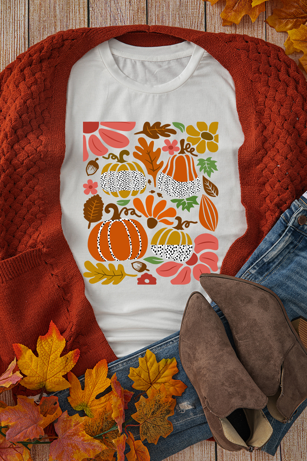 White Pumpkin Flower Print Fall Graphic Cotton Blend Tee - loveforevers