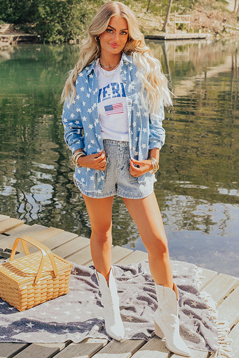 Sky Blue Star Print Light Wash Raw Hem Denim Jacket - loveforevers