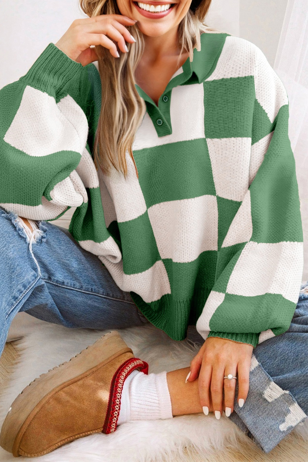 Mist Green Checkered Pattern Polo Collar Loose Sweater - loveforevers