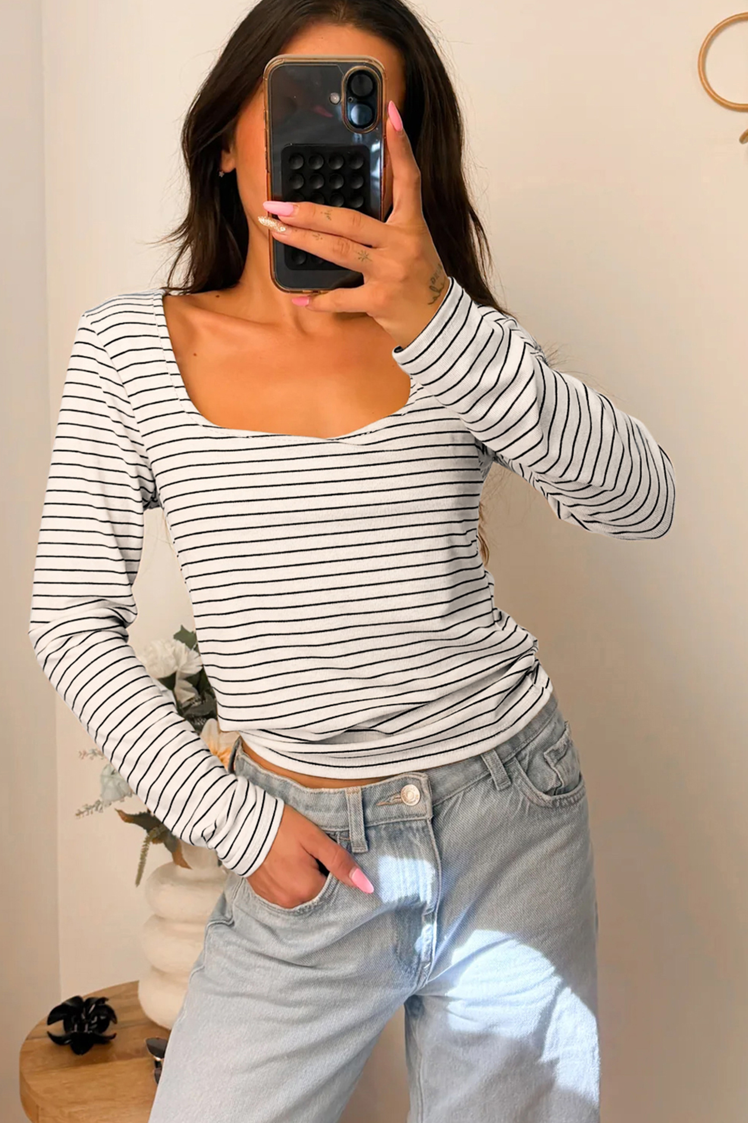 Brown Stripe Square Neck Long Sleeve Top - loveforevers