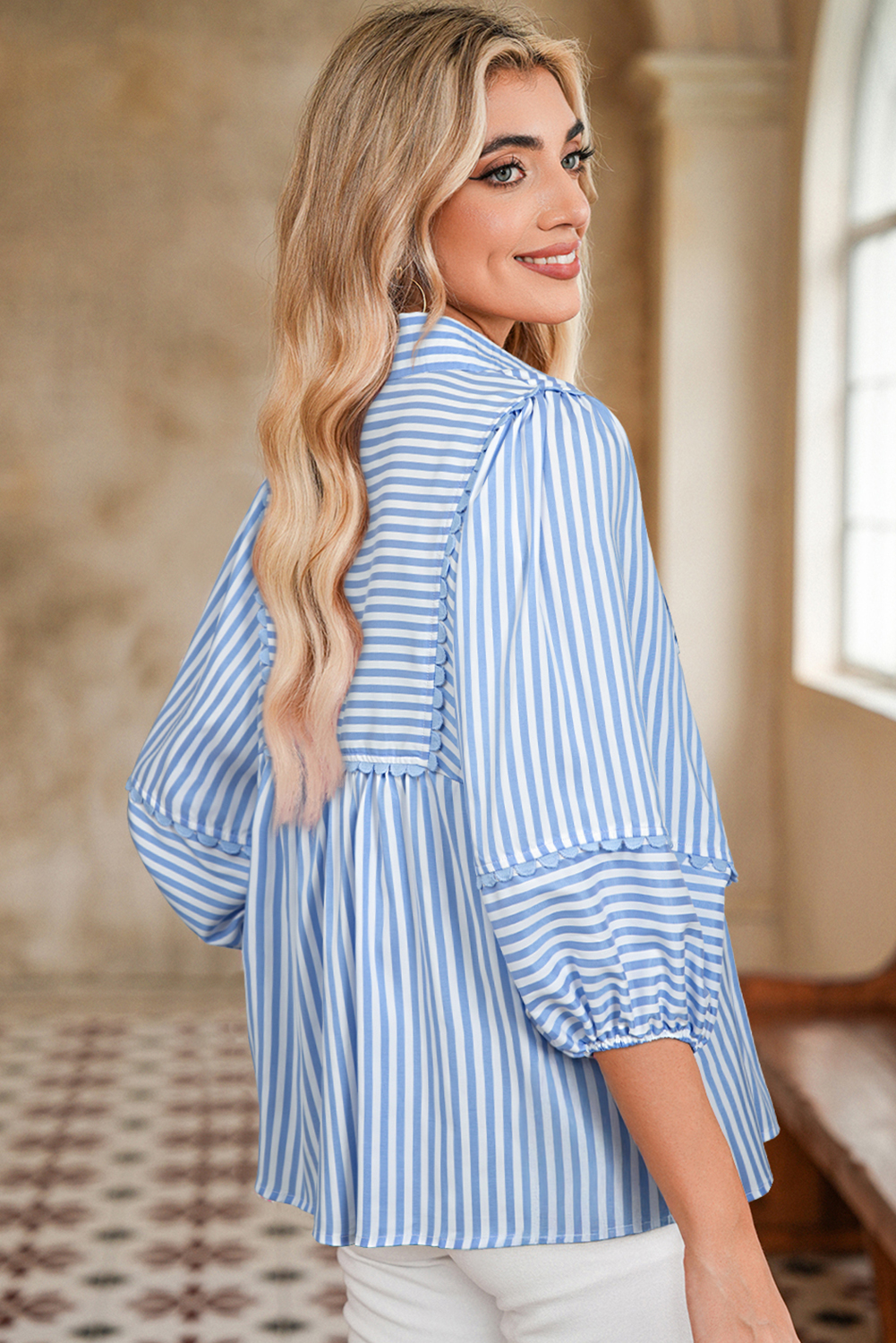 Sky Blue Stripe Shirt Collar V Neck Ricrac Trim 3/4 Puff Sleeve Blouse - loveforevers