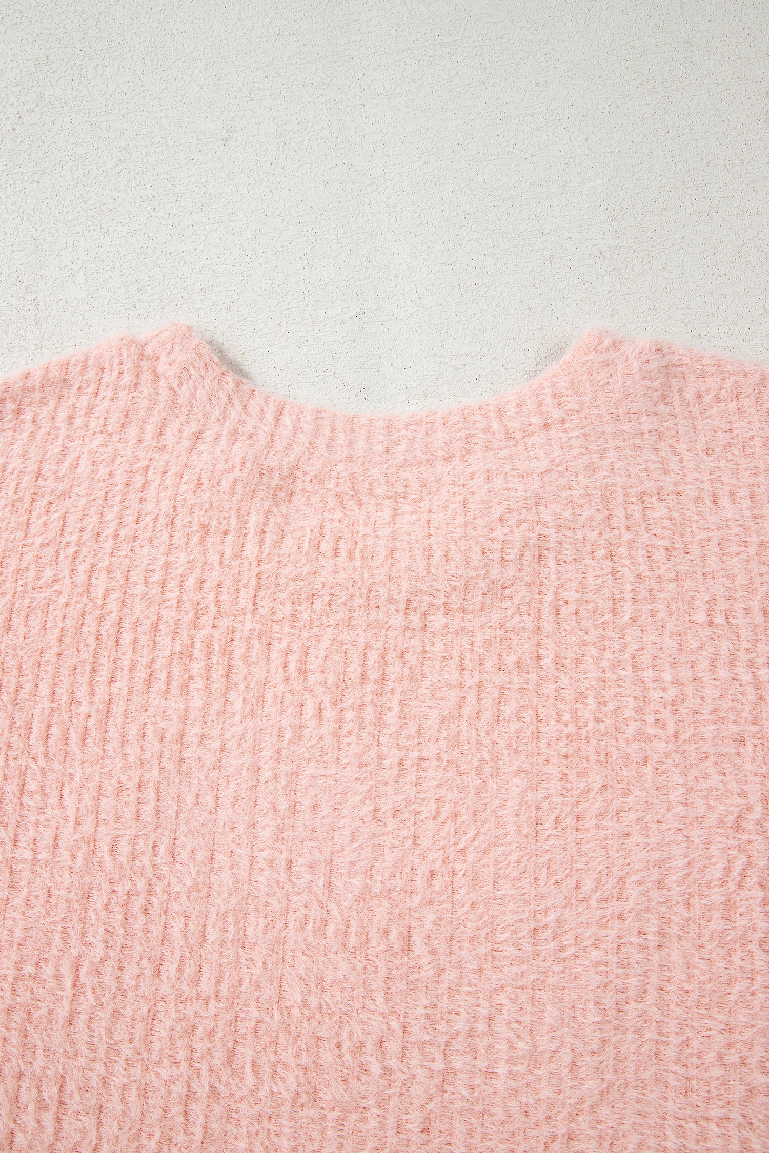 Light Pink Fuzzy Ribbed Texture Round Neck Long Sleeve Top - loveforevers