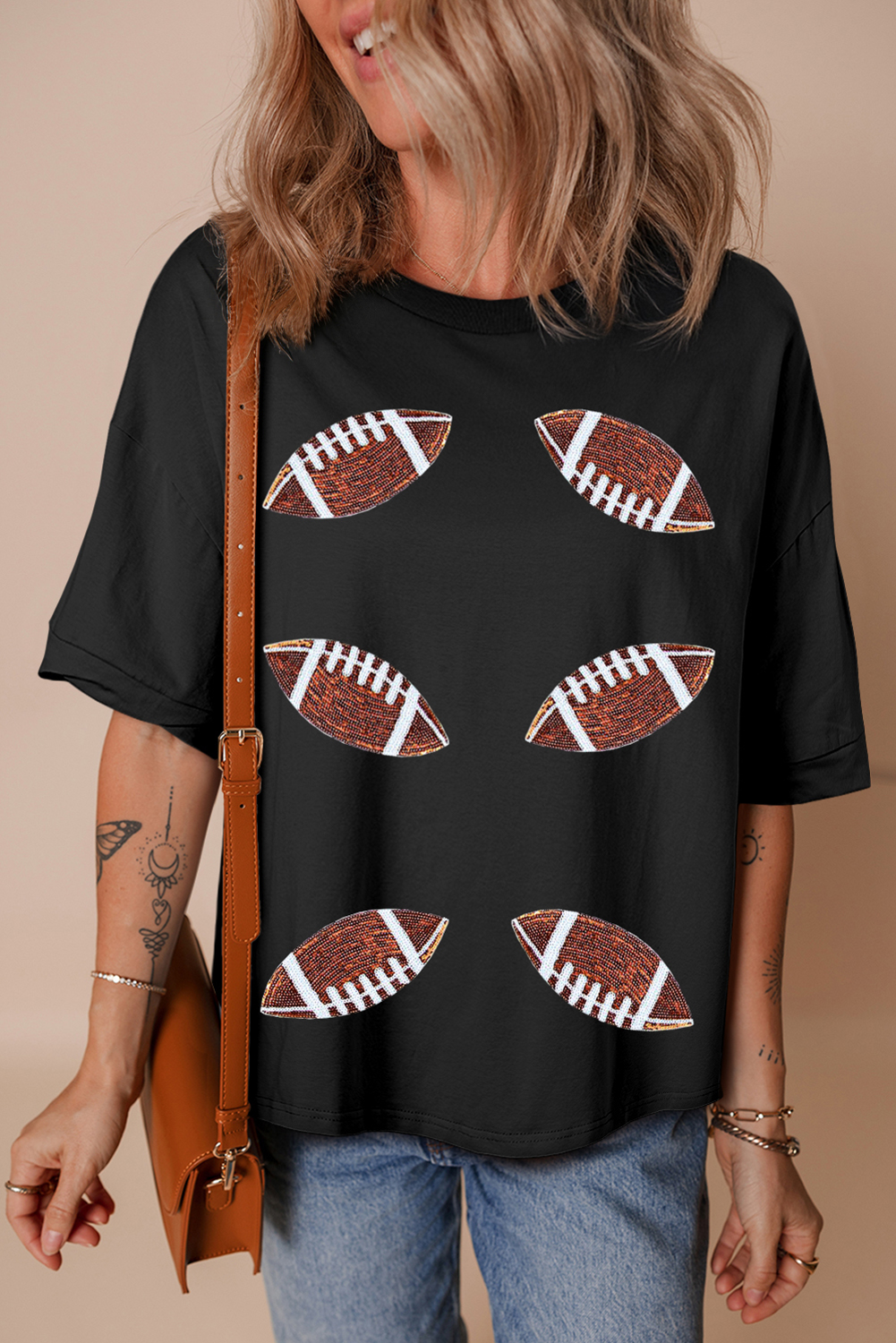 Black Sequin Rugby Football Patched Crewneck Loose T Shirt - loveforevers