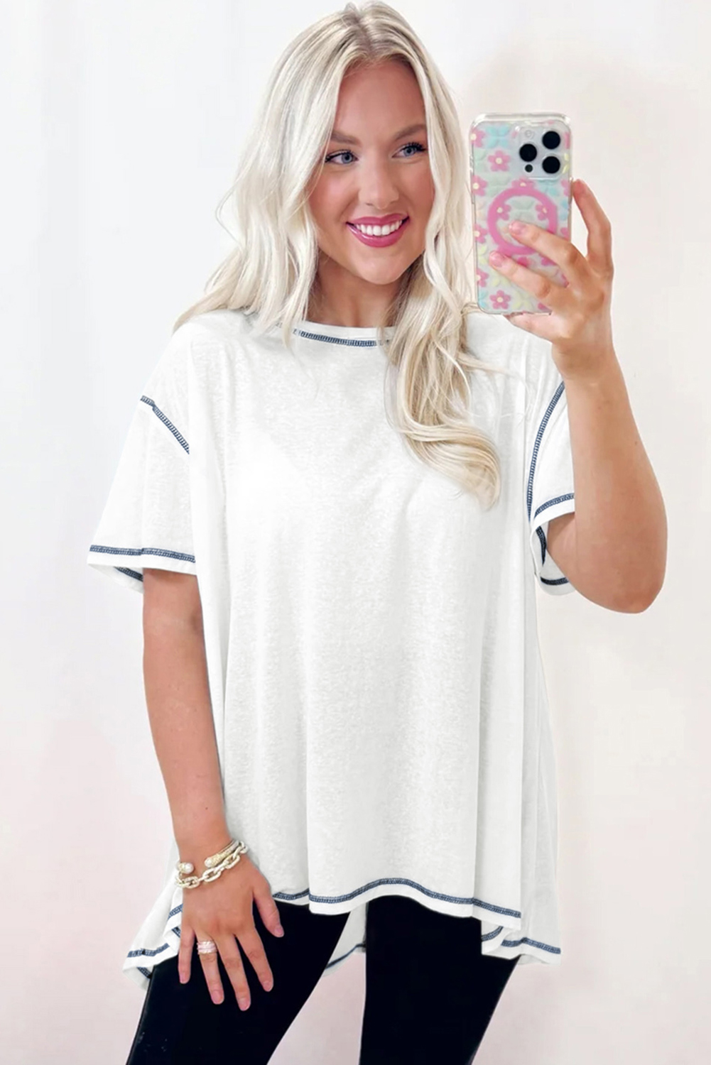 White Contrast Exposed Stitching Relaxed Fit T Shirt - loveforevers