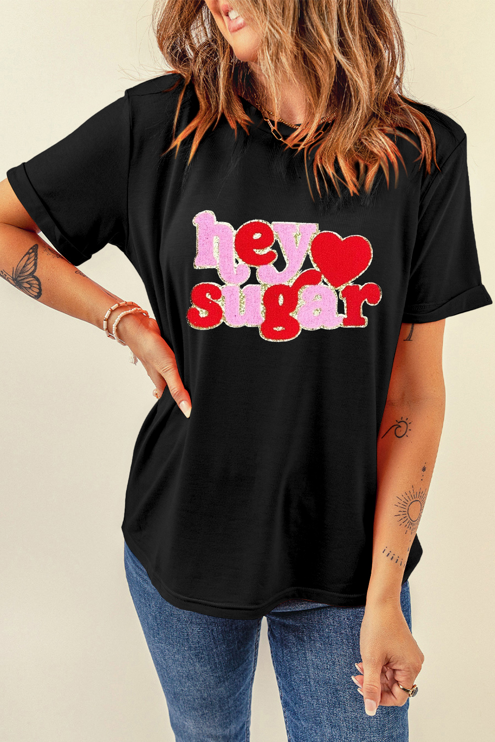 Black Chenille Heart hey sugar Patched Crewneck Valentines Tee - loveforevers