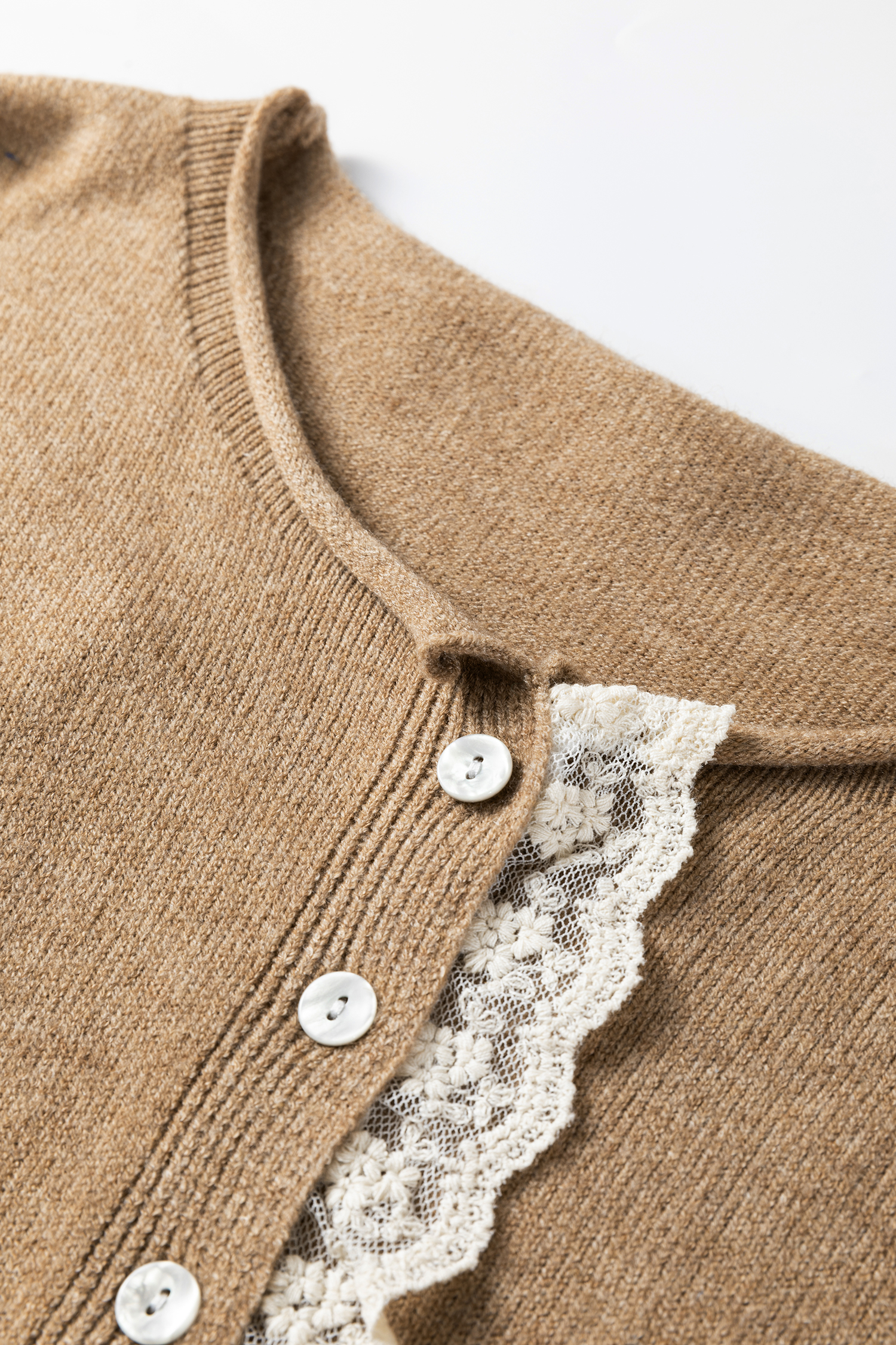 Simply Taupe Contrast Frilled Lace Trim Loose Cardigan Sweater - loveforevers