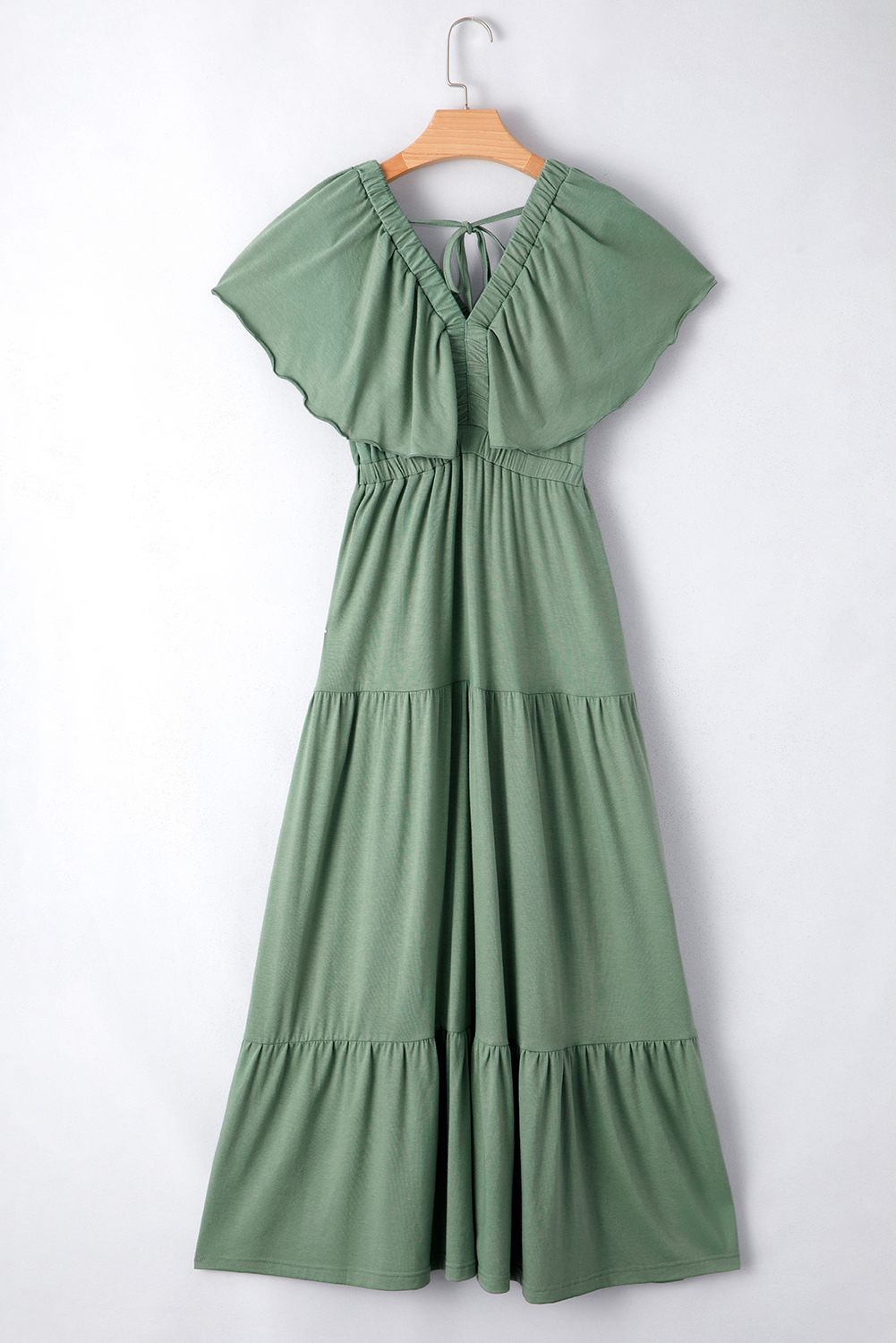 Grass Green Textured V Neck Flutter Sleeve Ruffled Maxi Dress - loveforevers