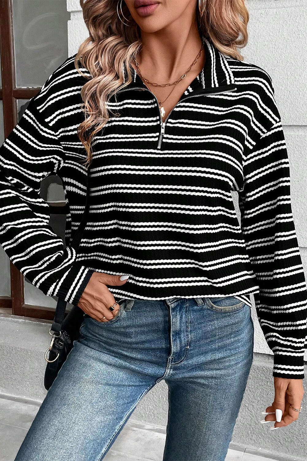 Black Stripe Textured Quarter Zip Collar Long Sleeve Top - loveforevers
