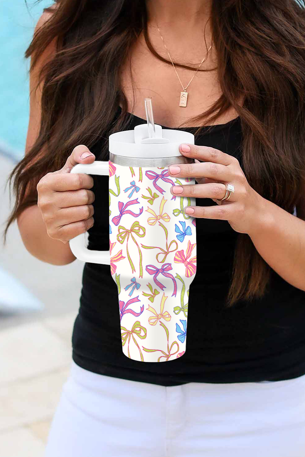 White Bow Knot Print Large Stainless Steel Vacuum Cup 40oz - loveforevers
