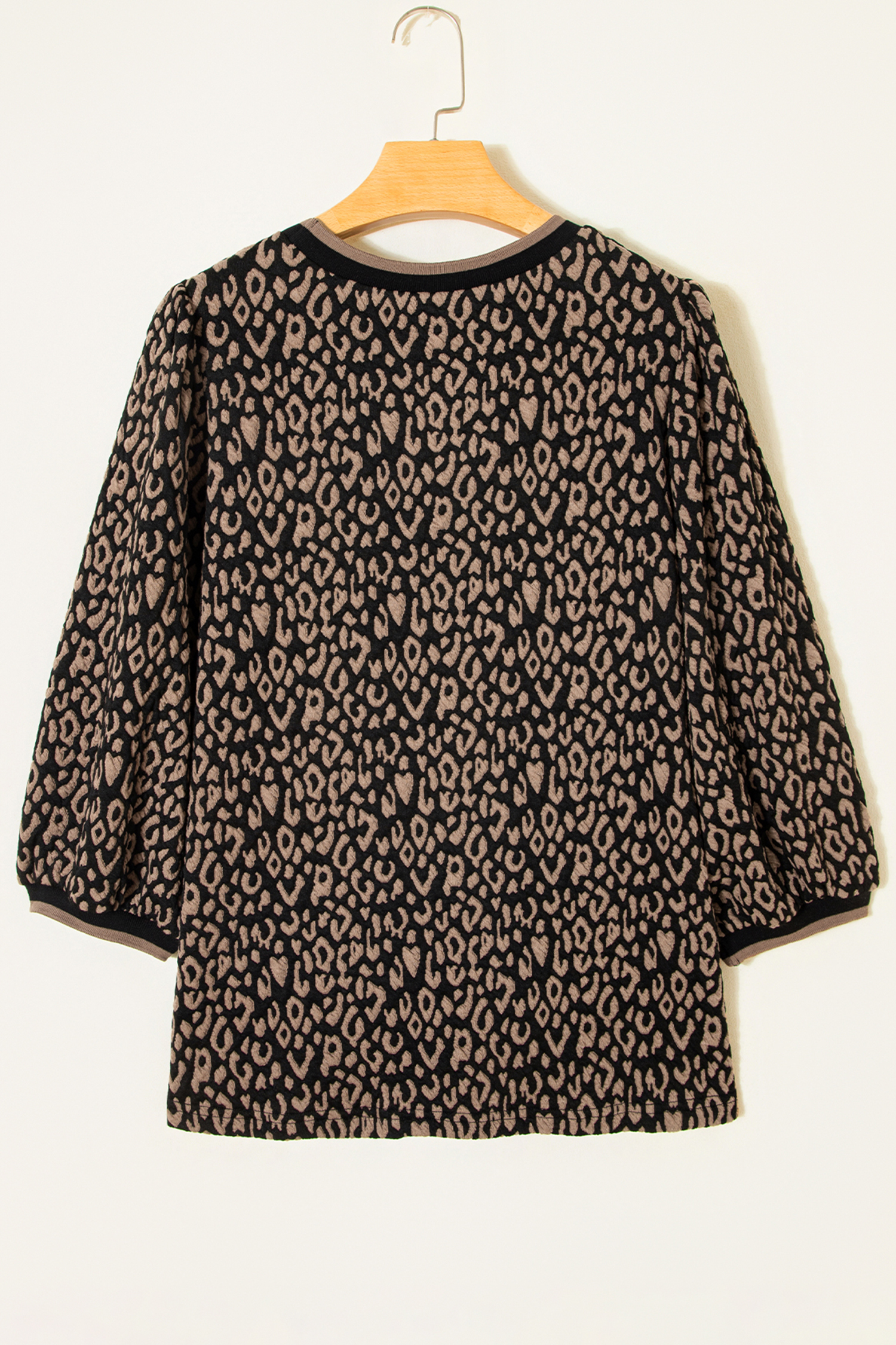 Black Leopard Print Puffy Bracelet Sleeve Contrast Trim Round Neck Top - loveforevers