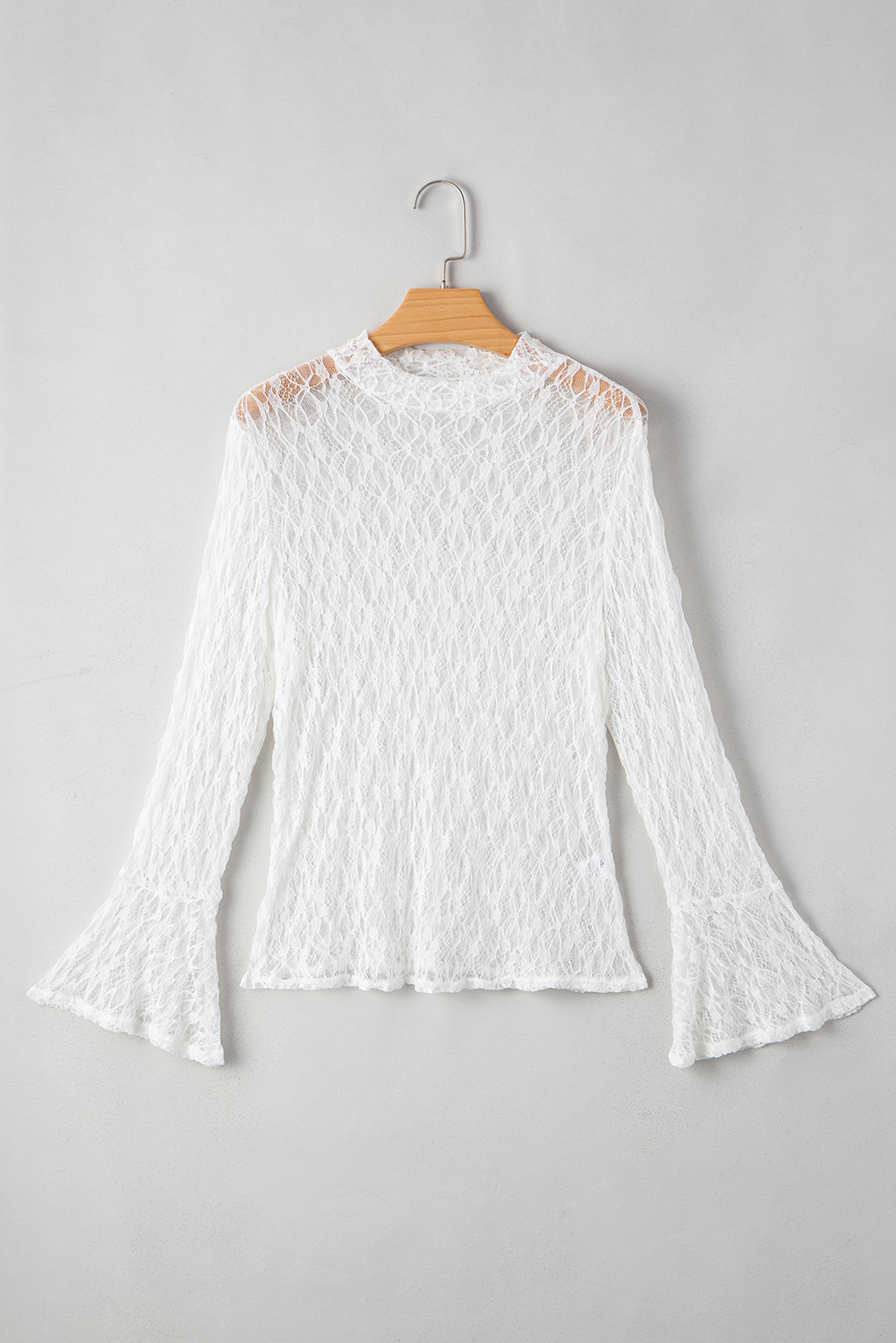 White Sheer Lace Bell Sleeve Mock Neck Blouse - loveforevers
