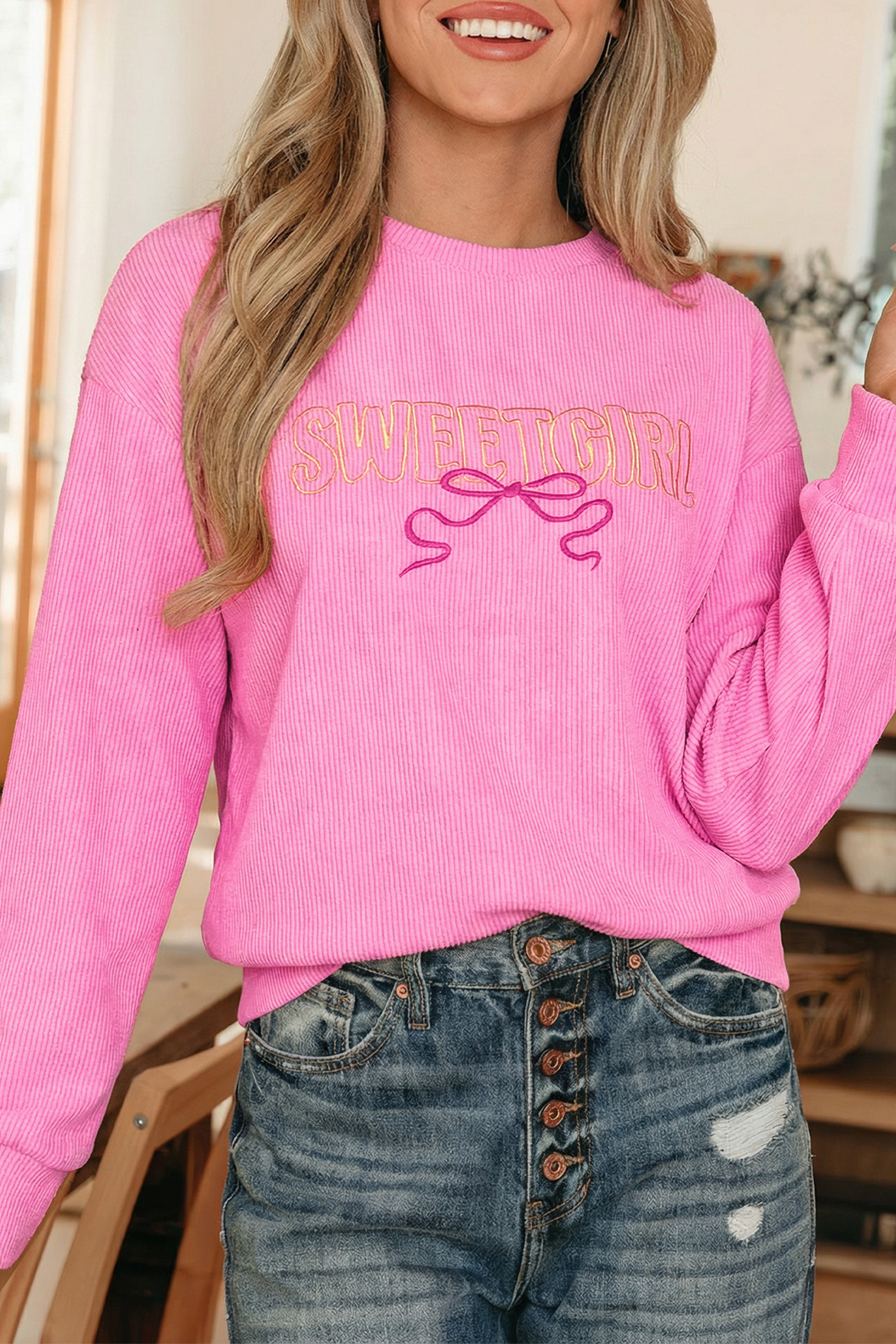 Bonbon Sweet Girl Embroidered Graphic Rib Textured Top - loveforevers