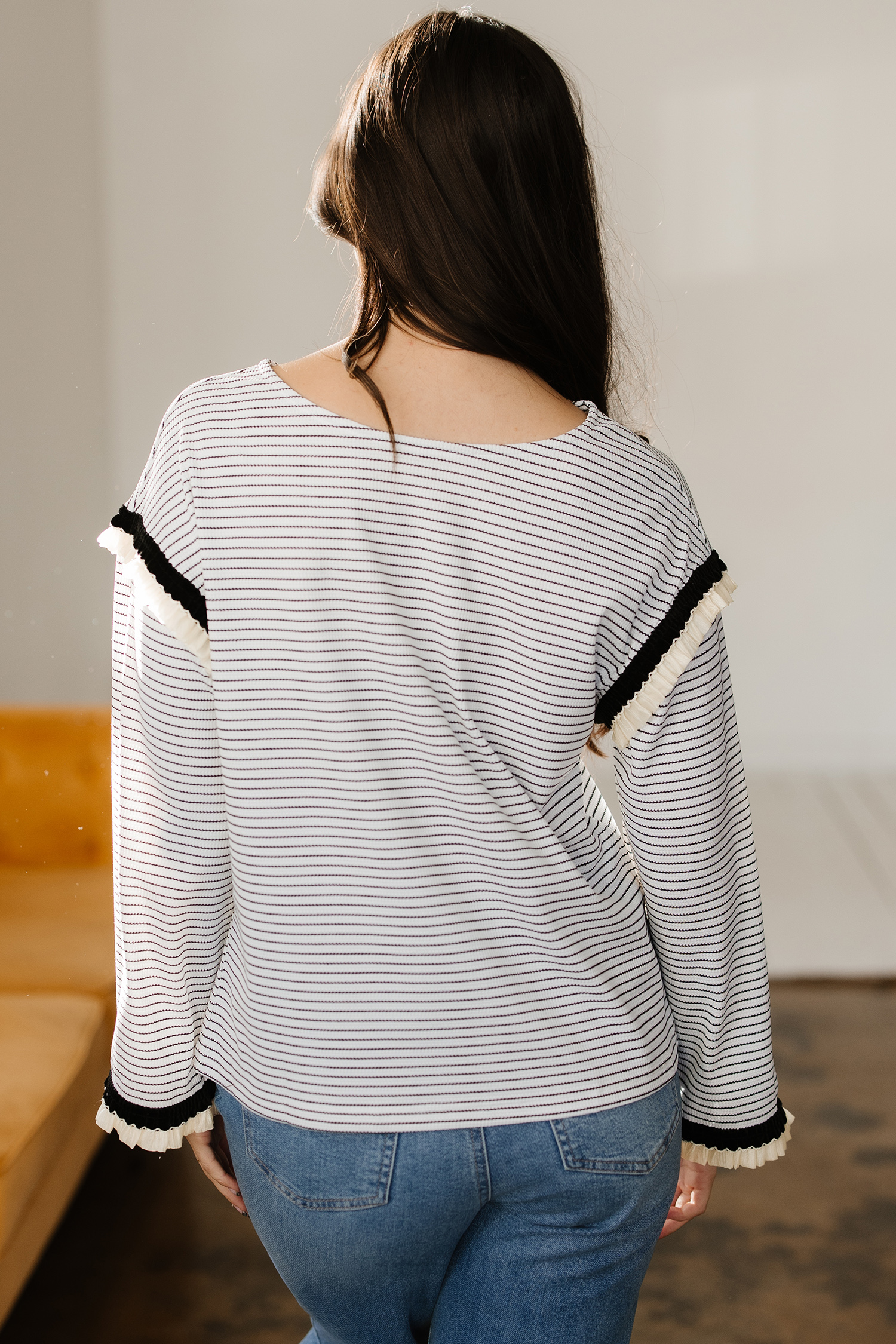 White Stripe Contrasted Ruffle Trim Loose Long Sleeve Top - loveforevers