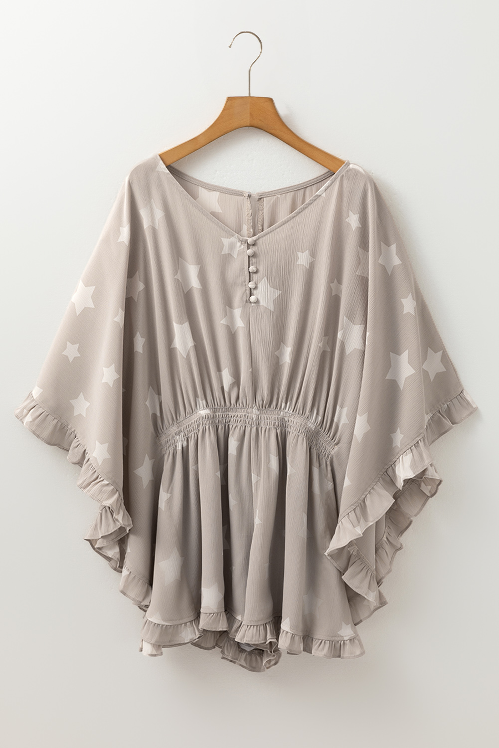 Gray Star Print Crinkle Textured Kimono Ruffle Sleeve Romper - loveforevers