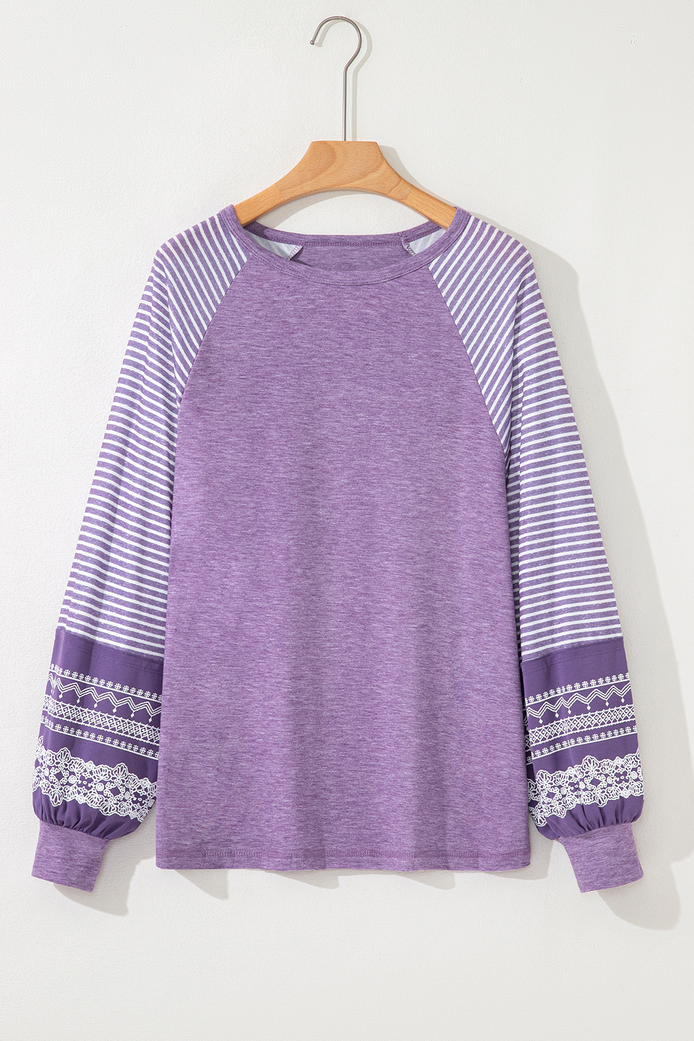 Tillandsia Purple Contrast Print Striped Raglan Long Sleeve Loose Top - loveforevers