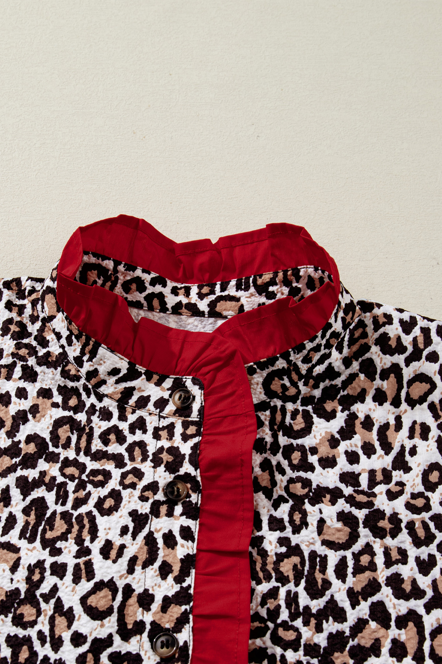 Khaki Contrast Frilled V Neck Trimmed Leopard Shirt - loveforevers