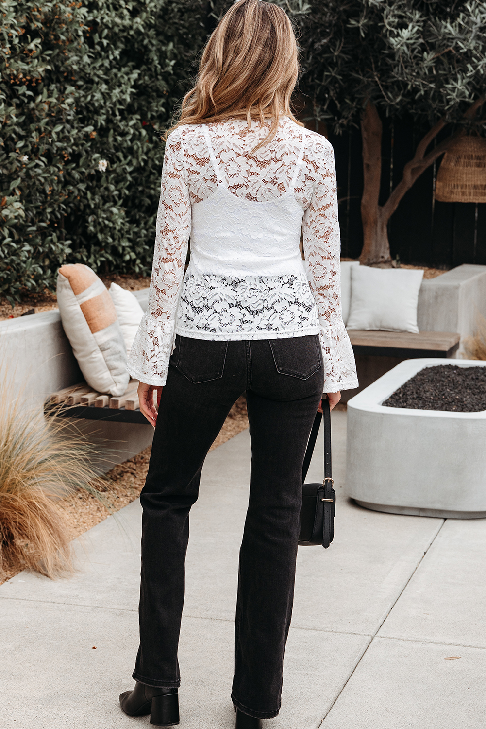 White Lace Crochet Bell Sleeve Mock Neck Blouse - loveforevers