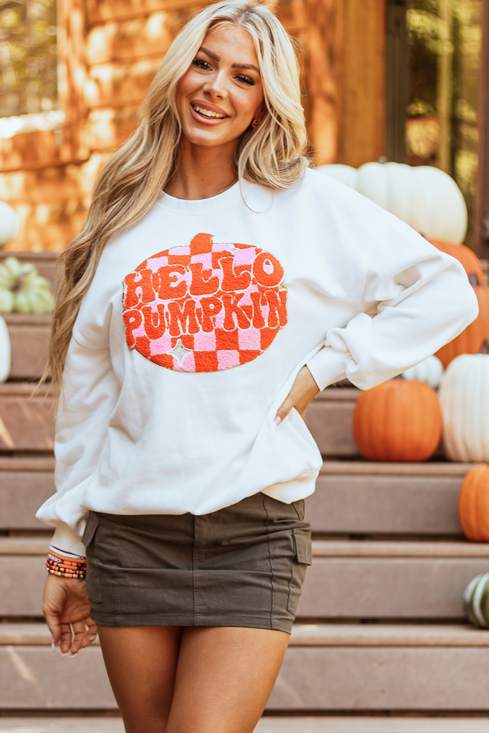 White Terry Halloween Pumpkin Patched Pattern Pullover Sweatshirt - loveforevers