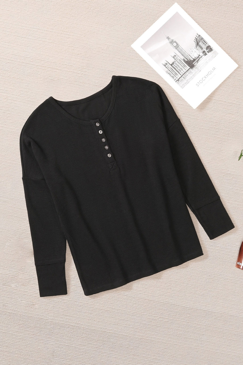 Black Waffle Knit Henley Top - loveforevers