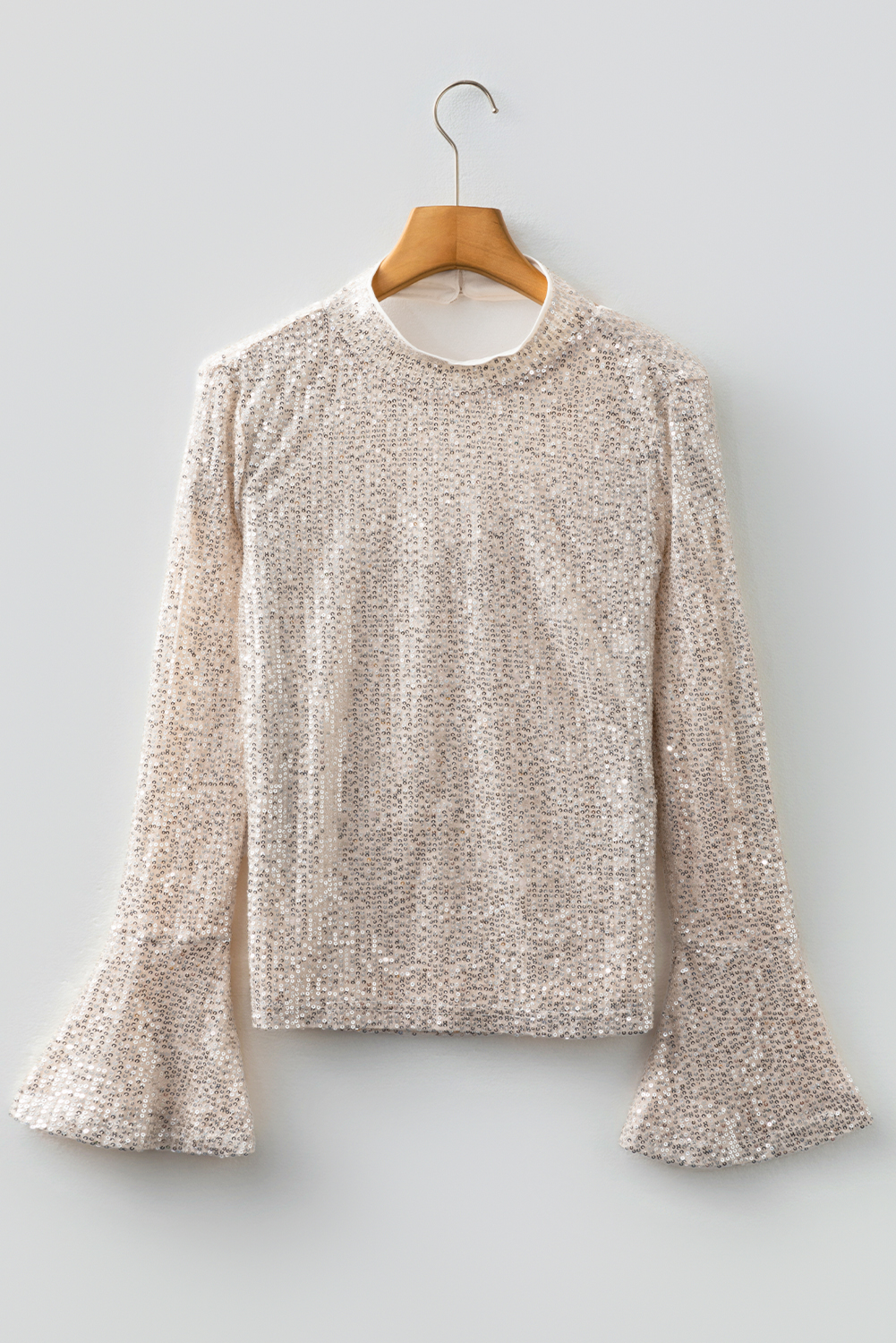 Jet Stream Sequin Mock Neck Drape Open Back Bell Sleeve Top - loveforevers