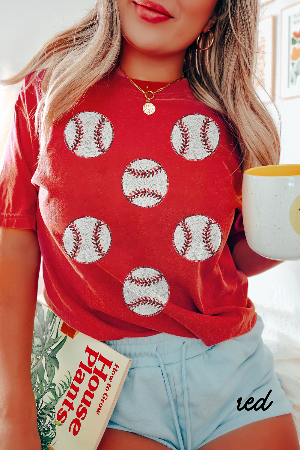 Red Glittering Rugby Pattern Crew Neck Game Day T Shirt - loveforevers