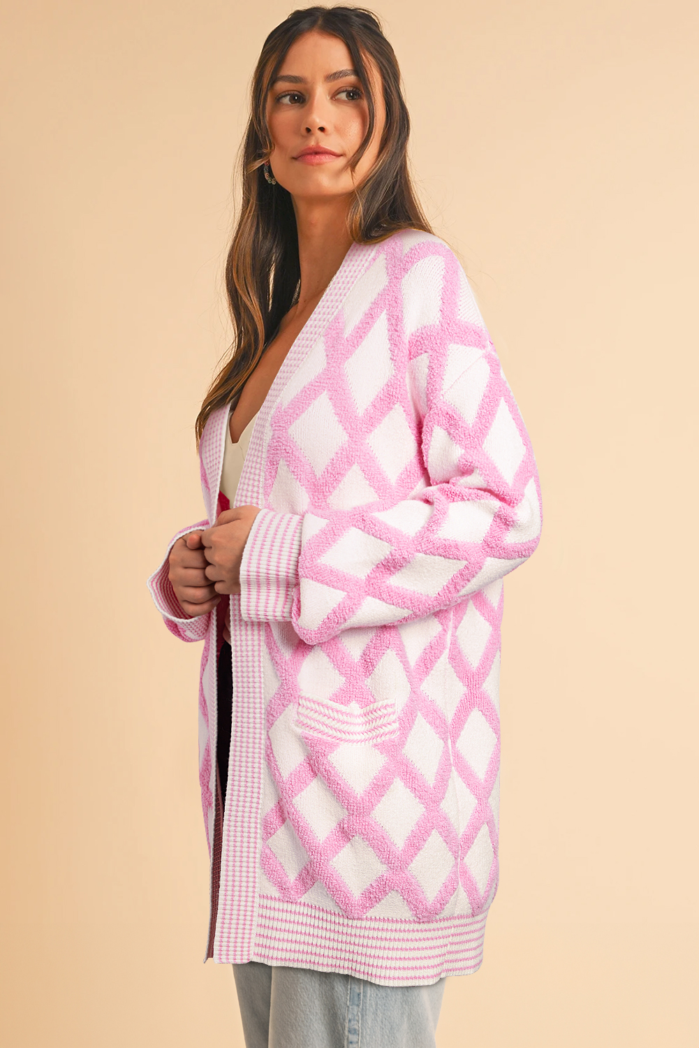 Pink Rhombus Pattern Knit Open Front Pocketed Cardigans - loveforevers