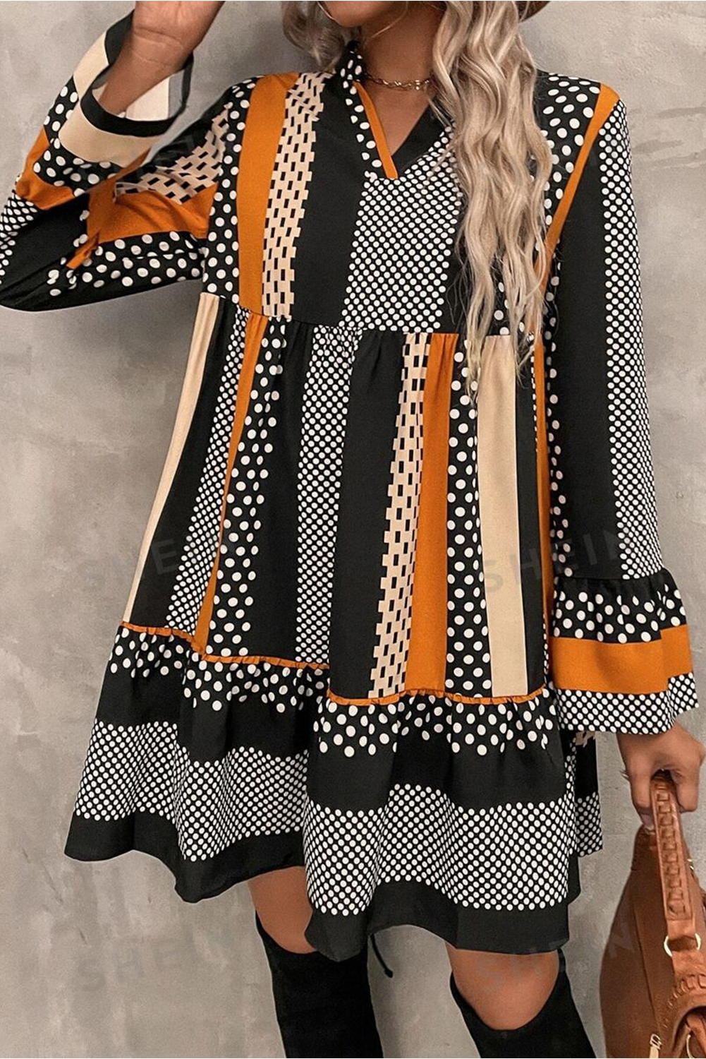 Black Striped Polka Dot Print Ruffled Hem V Neck Mini Dress - loveforevers